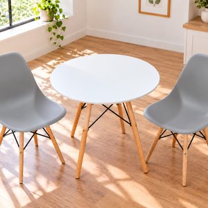 Lote siguiente: Juego Desayunador Estilo Eames: Mesa Redonda Blanca con 2 Sillas Grises