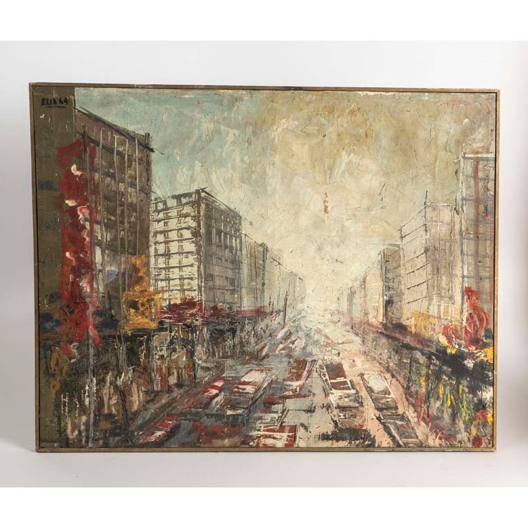 Pintura de calle urbana con coches y personas
