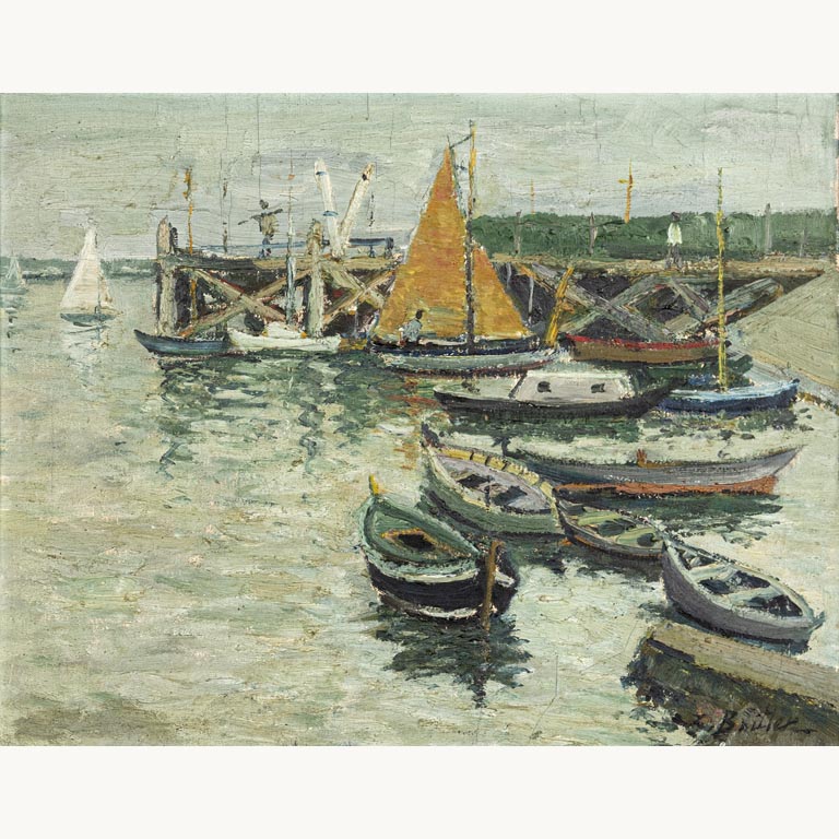 Lote anterior: Pintura de puerto con barcos y edificios - Zoma Baitler