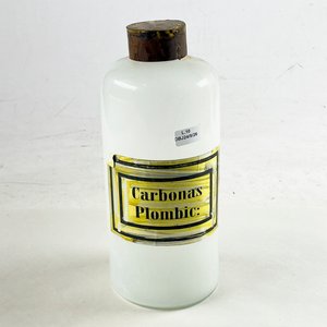 Lote siguiente: Frasco de Farmacia Antiguo con Tapa Metálica y Etiqueta "Carbonas Plombic"
