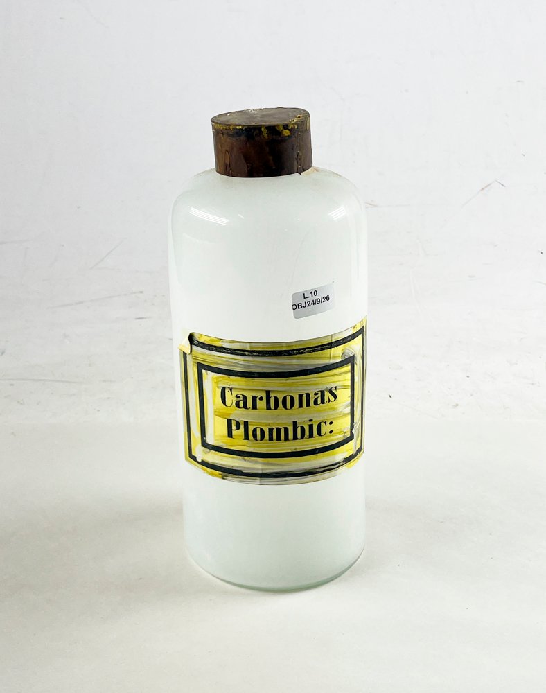 Frasco de Farmacia Antiguo con Tapa Metálica y Etiqueta "Carbonas Plombic"