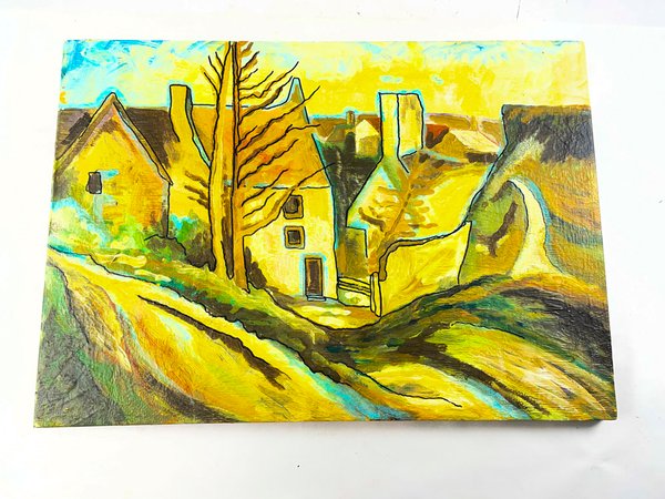 Óleo sobre Fibra: Paisaje de Caseríos en Tonos Marrones y Amarillos (68x48 cm)