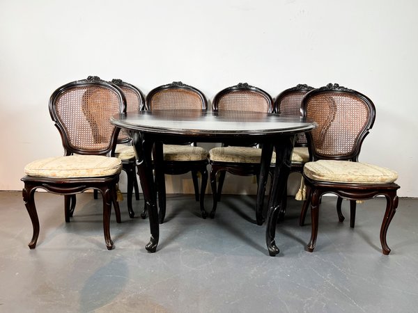 Juego Comedor Victoriano Caoba: Mesa Circular con Alas y 6 Sillas Esterilladas con Cojines - imagen 1