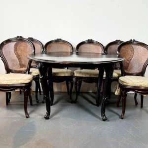 Juego Comedor Victoriano Caoba: Mesa Circular con Alas y 6 Sillas Esterilladas con Cojines - imagen 1