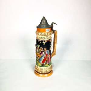 Jarra de Cerveza Alemana de Porcelana con Monograma y Tapa Metálica - imagen 1