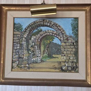 Óleo sobre lienzo: Arcos de piedra en paisaje rural, firmado - imagen 1