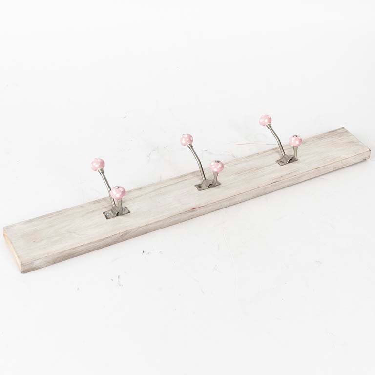 Perchero de Madera Rústico con 3 Perchas de Cerámica Rosa