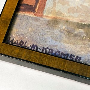 Acuarela "Casas" Firmada por Karl M. Kromer con Marco de Madera - imagen 4