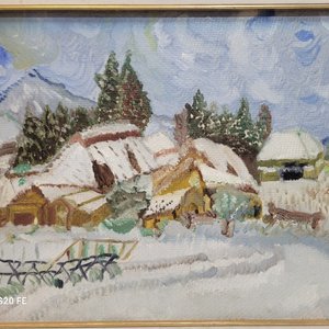 Cuadro al Óleo: Paisaje Invernal con Casas Nevadas y Montañas, Firmado Aída '87 - imagen 5
