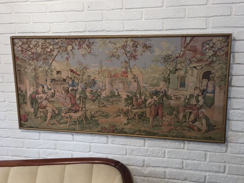 Lote siguiente: Pintura de campiña francesa en estilo gobelino