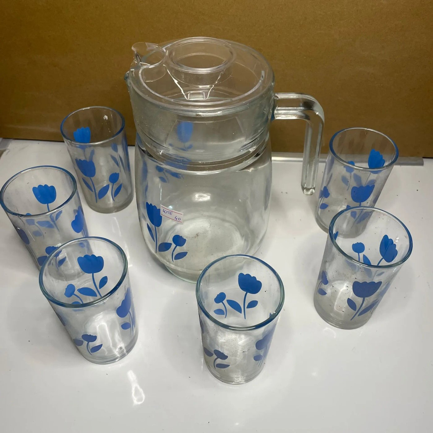 Juego de Jarra y 6 Vasos de Vidrio con Diseño Floral Azul