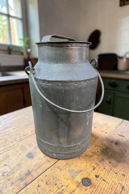 Tarro Lechero Antiguo de Chapa Galvanizada con Tapa y Asa