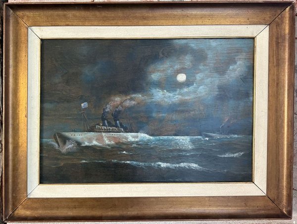 Pintura oleo sobre tela Marina barco de guerra Escuela Manuel Larravide - imagen 1