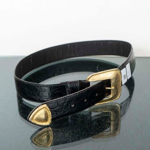 Cinturón de Cuero Negro Italiano con Hebilla y Terminación de Bronce