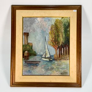 Cuadro Óleo sobre Fibra: Marina con Velero Blanco y Costa Arbolada - imagen 1