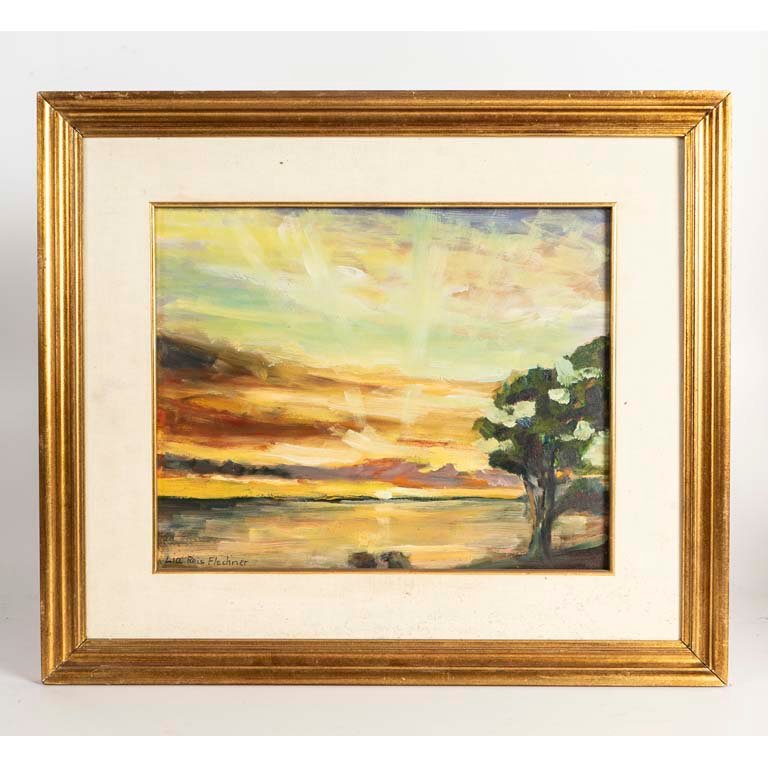 Lote anterior: Pintura al óleo de paisaje con árbol y agua