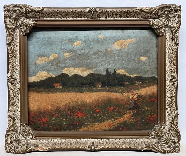 Lote siguiente: Pintura de campo con flores rojas y castillo en el fondo