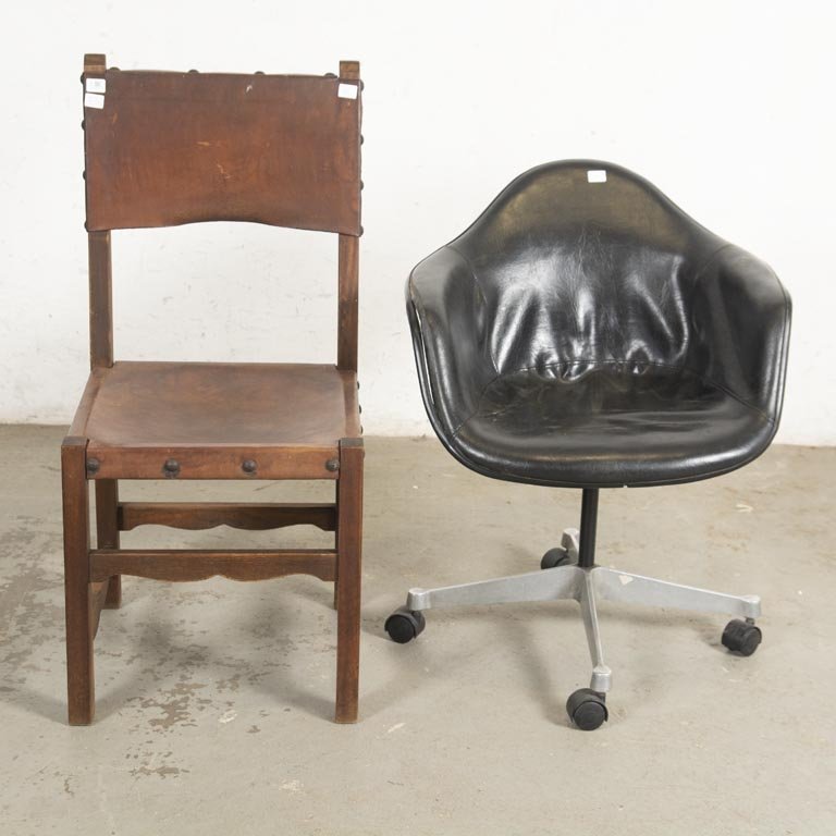 Sillón de Oficina Giratorio Negro y Silla de Madera y Cuero