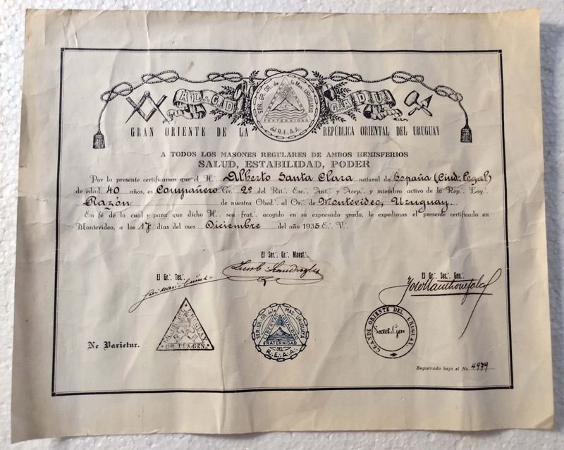 Diploma de la Gran Oriente de Uruguay