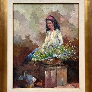 Óleo sobre tela "Vendedora de flores" de Miguel De Vita - 81 x 65 cm - imagen 2