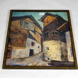 Acuarela "Casas" Firmada por Karl M. Kromer con Marco de Madera - imagen 1