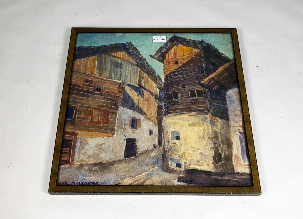 Acuarela "Casas" Firmada por Karl M. Kromer con Marco de Madera