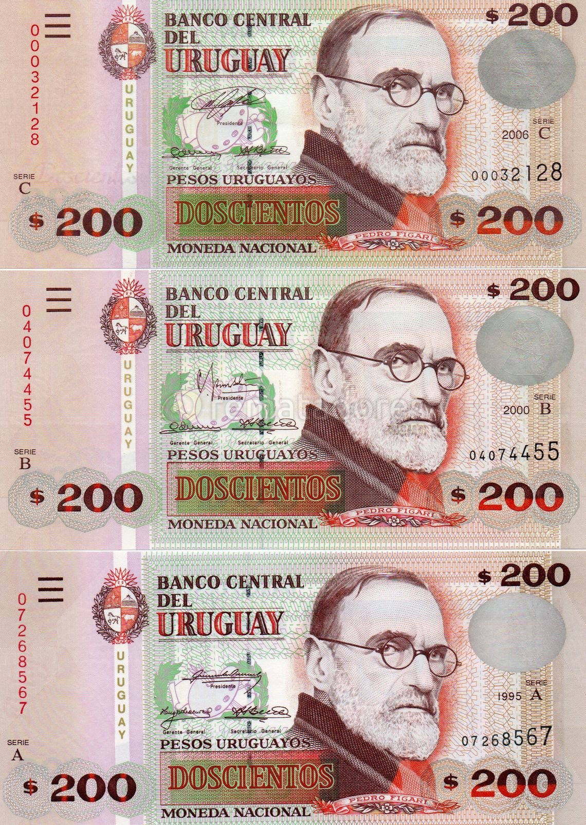 Billetes Uruguayos de $200 Pesos Uruguayos (Serie A, B, C)