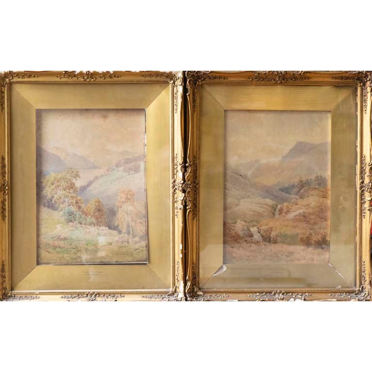 Dos Acuarelas "Paisajes" de E. H. Marten con Marco Dorado