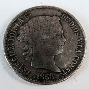 Lote siguiente: Moneda de Plata Española 40 Céntimos de Escudo 1868 - Isabel II