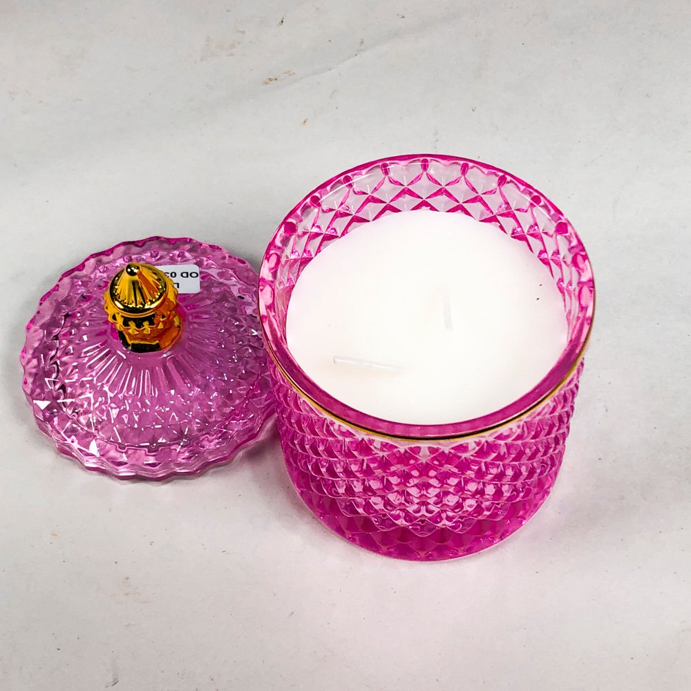 Vela aromática de doble mecha con frasco hialino y tapa color rosado - imagen 2