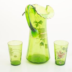 Jarra, 5 Vasos y Bandeja de Cristal Veneciano Esmaltado Verde con Flores - imagen 3