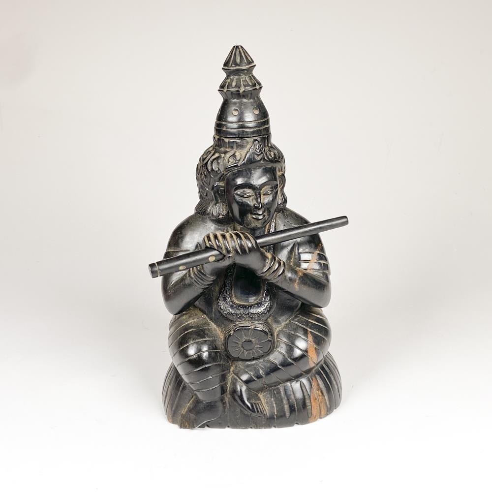 Figura de Madera Antigua: Diosa Tocando la Flauta, 26 cm