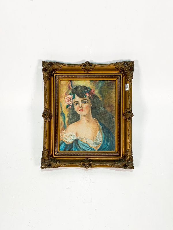 Lote siguiente: Pintura al óleo de mujer con flores en el cabello