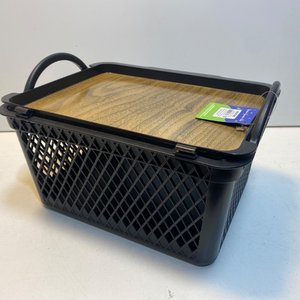 Canasto Organizador Negro Plástico con Tapa Madera 29.5x24x19cm - imagen 2