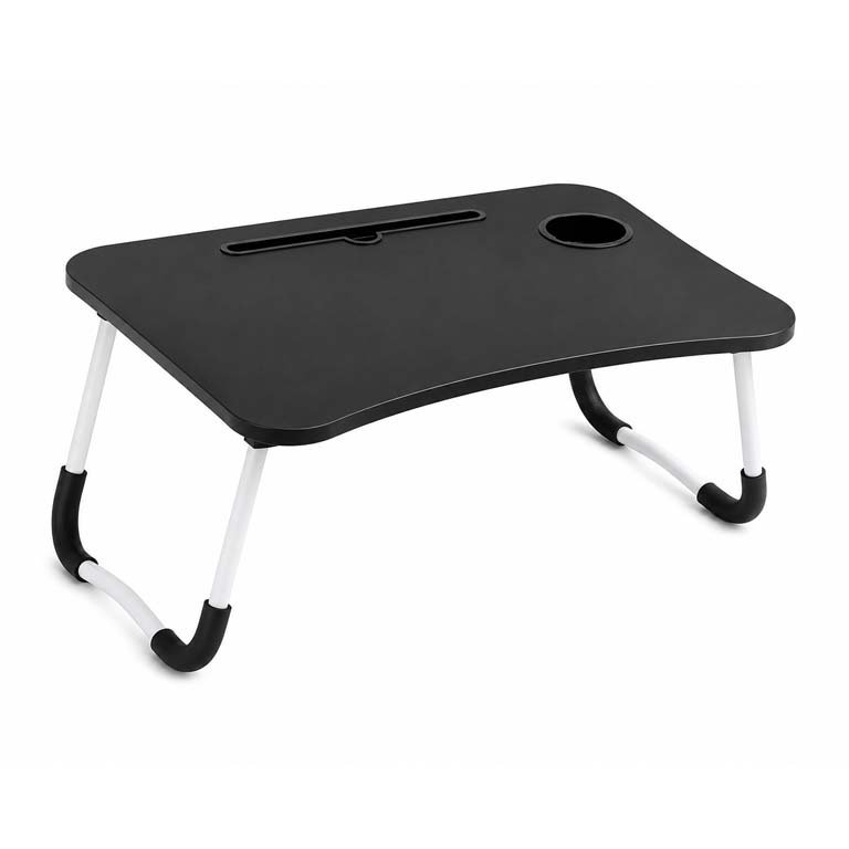 Mesa Plegable de Escritorio Negra con Posavasos y Porta Tablet