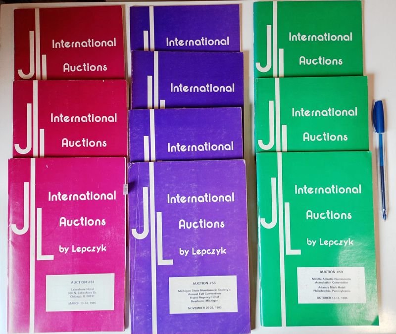 10 Catálogos de Subastas Numismáticas Americanas "International Auctions by Lepczyk" con Precios de Referencia (Años 80)