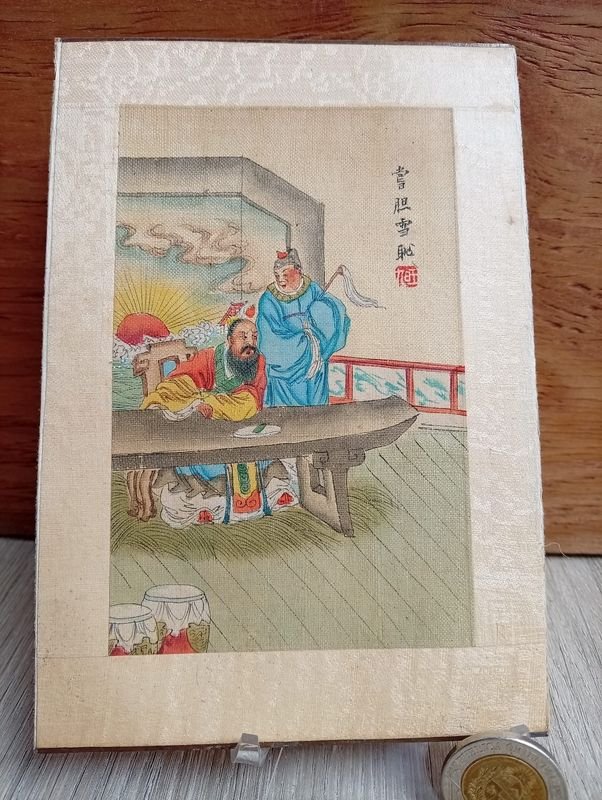 Pintura China Tradicional "Guóhuà" sobre Seda, Escena Histórica/Folclórica, Firmada Baiwen
