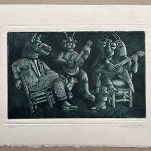 Grabado "El asno y las cigarras" de Luis Alberto Solari, 155/200 - imagen 2