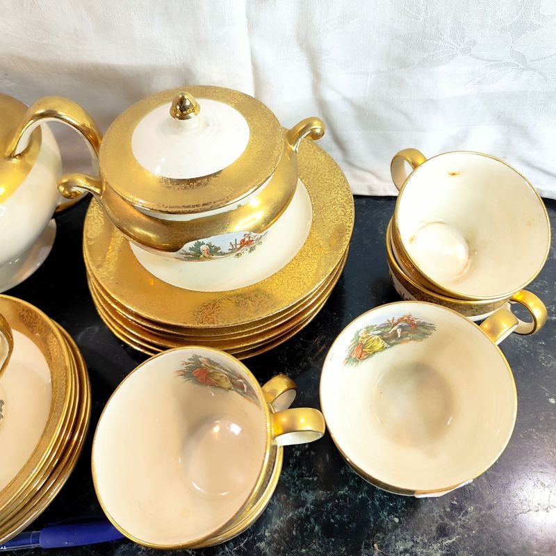 Set de té bañado en oro 22 kt. - Hermoso conjunto de porcelana - imagen 6