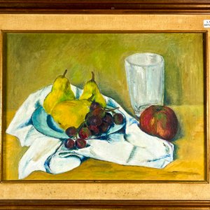 Cuadro al óleo sobre tela: Naturaleza muerta con frutas y vaso - imagen 2