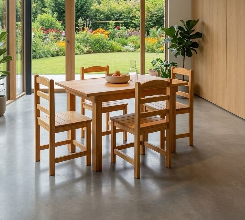 Juego de Comedor: Mesa Cuadrada y 4 Sillas de Madera Clara