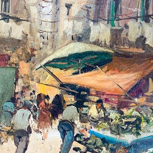 Cuadro al óleo sobre tela: Caseríos y personajes en feria, firmado "P.E" - imagen 2