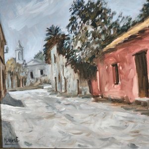 Óleo sobre lienzo firmado H. West: Escena de calle con fachadas y marco dorado - imagen 5