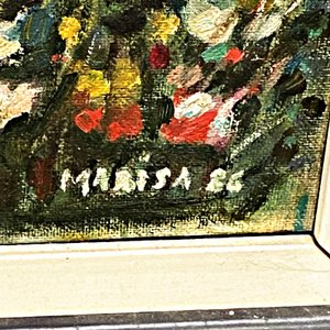 Cuadro al Óleo: Paisaje de Lago, Árboles y Flores, Firmado "Marisa 86" - imagen 5