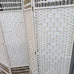 Biombo Plegable Blanco Tejido Bambú y Tela - imagen 4