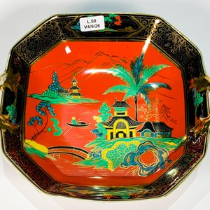 Centro de Porcelana Noritake Negro y Terracota Decoración Chinaiserie con Asas - imagen 2