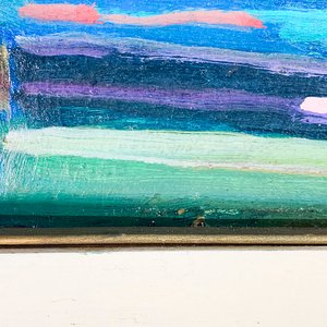 Cuadro al óleo sobre fibra: Caseríos y calle multicolor, 47 x 38 cm - imagen 3