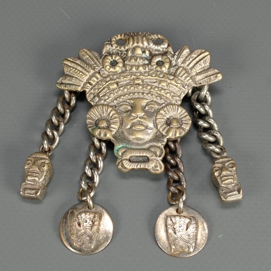 Prendedor Bronce Bañado Plata Diseño Azteca con Cadenas