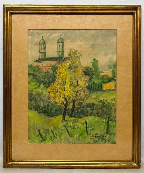 Lote siguiente: Acuarela de Artigas Milans Martinez: Paisaje con Iglesia