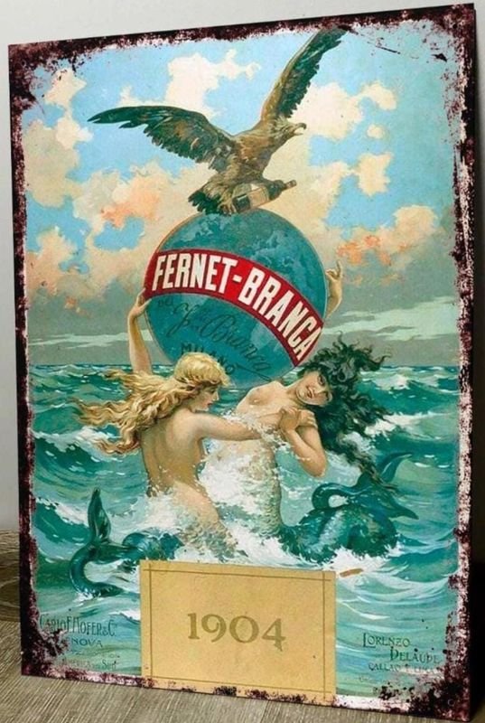 Cartel Decorativo Chapa "Fernet Branca 1904" Sirenas Águila 28x19 cm